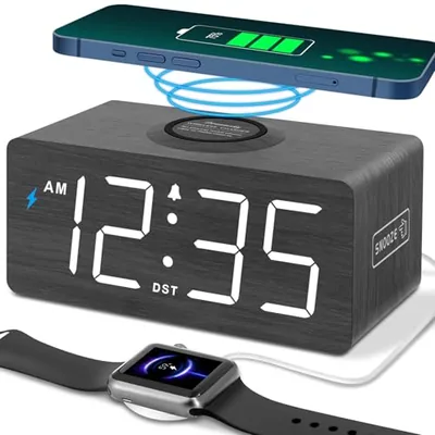 Wooden Alarm Clock with Wireless Charging